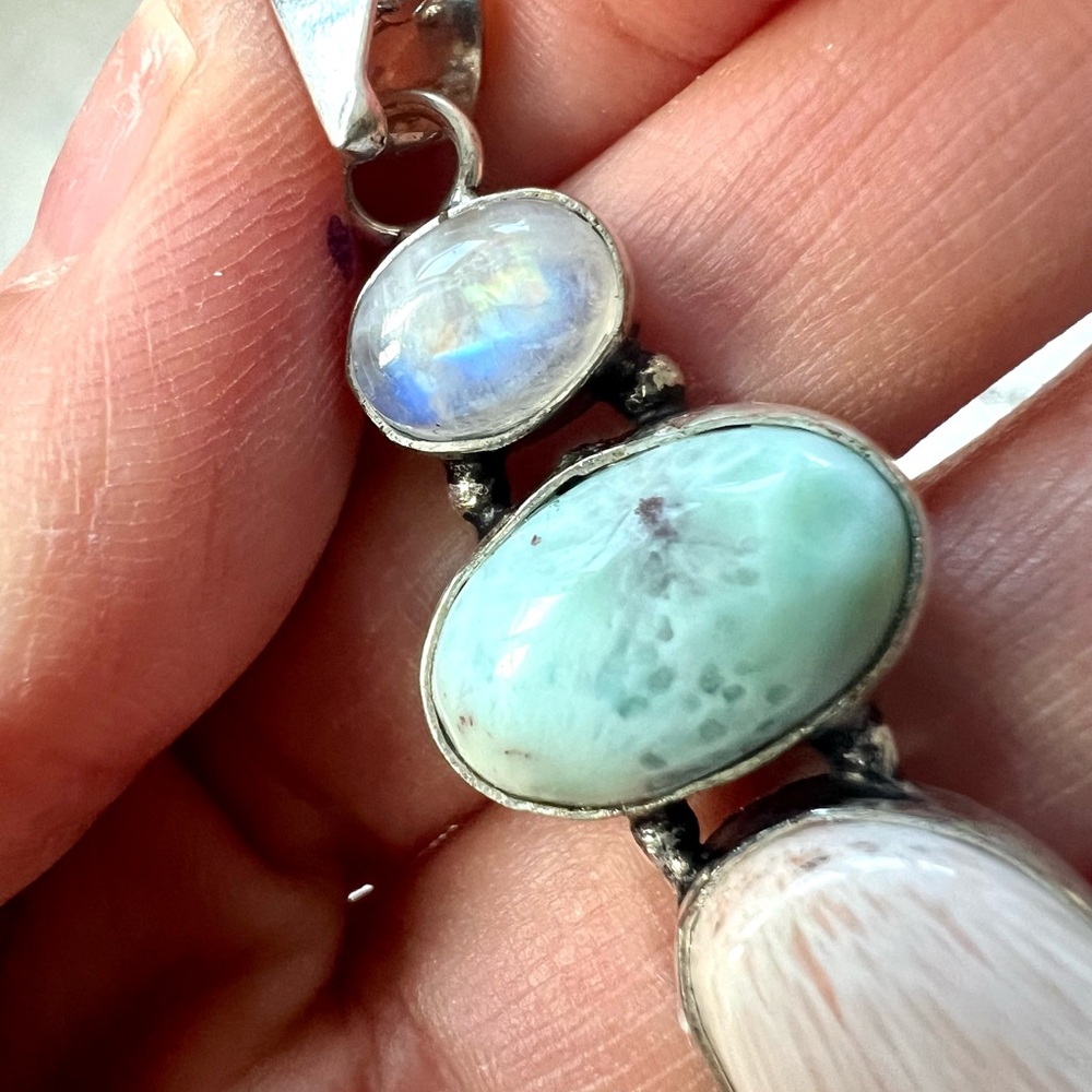 925 OMG Rainbow Flash Moonstone + Larimar + Scolecite! Pendant Necklace - Picture 5 of 8